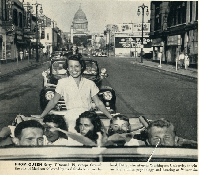 Life '49, Univ of Wisconsin summer prom queen paraded through streets